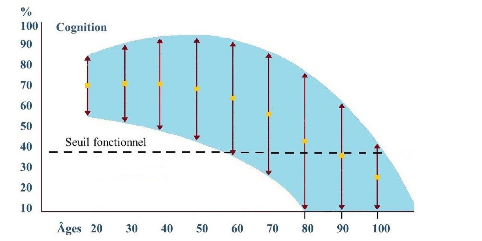 Courbe du déclin normal, seuil fonctionnel et effets positifs (ou négatifs) du mode de vie sur la cognition (Droits d'auteur: Marie-Paule Dessaint, d’après C. Hertzog, A. F. Kramer et R. S. Wilson)