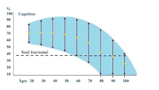 Courbe du déclin normal, seuil fonctionnel et effets positifs (ou négatifs) du mode de vie sur la cognition (Droits d'auteur: Marie-Paule Dessaint, d’après C. Hertzog, A. F. Kramer et R. S. Wilson)