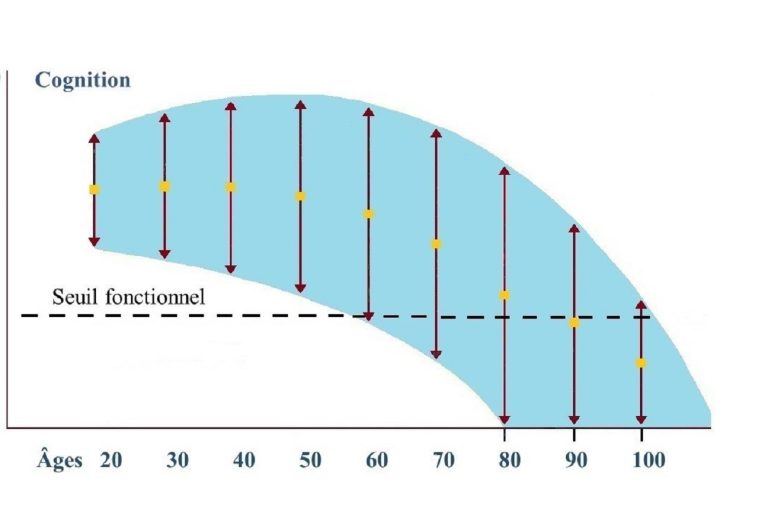 la mémoire au fil des années mariepauledessaint.com Courbe du déclin normal, seuil fonctionnel et effets positifs (ou négatifs) du mode de vie sur la cognition (Droits d'auteur: Marie-Paule Dessaint, d’après C. Hertzog, A. F. Kramer et R. S. Wilson)