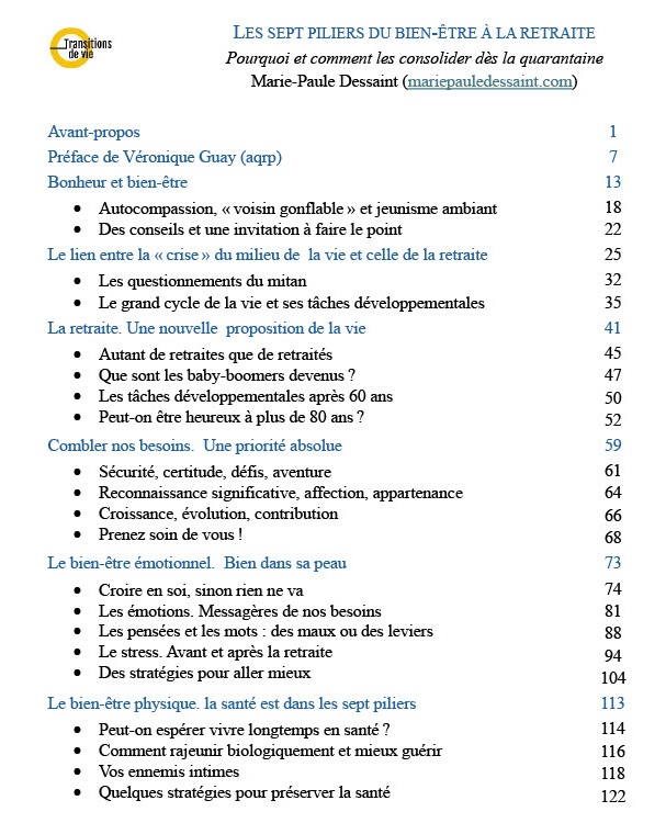 Sommaire du livre Les sept piliers du Bien-être à la retraite. Première partie: Bonheur et bien-être. Le lien entre la crise du milieu de la vie et la retraite. La retraite. Une nouvelle proposition de la vie. Combler nos besoins: une priorité absolue. Le bien-être émotionnel: bien dans sa peau. Le bien-être physique: la santé est dans les sept piliers