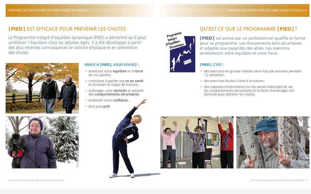 Extrait du dépliant du Programme PIED (Programme intégré d'équilibre dynamique) offert aux personnes âgées de 65 ans et plus vivant à domicile (inspq.qc.ca)