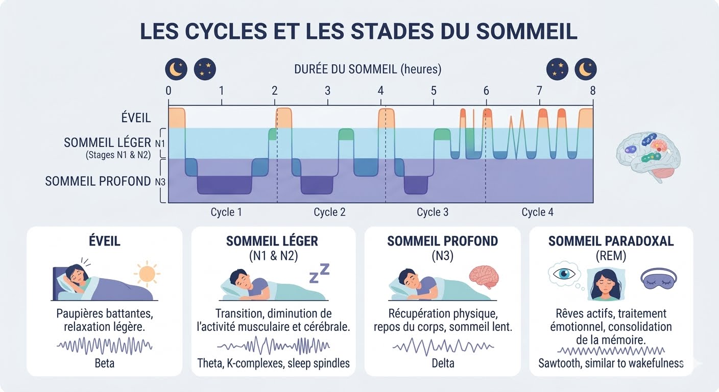 Cycles et stades du sommeil adulte en bonne santé (image créée par l'IA)